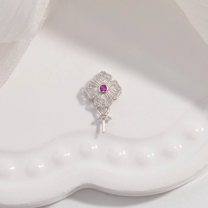Detailed S925 sterling silver flower pendant setting with pink cubic zirconia and pin