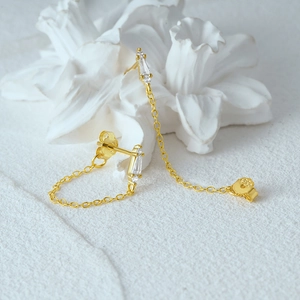 Close-up of golden S925 silver drop earrings with white zircons on floral decoration