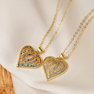 Heart Pendant Necklace Hollow Copper Gold Plated With Colorful Zircon Stylish Jewelry For Women Elegant