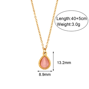 Golden necklace with pink teardrop cat eye pendant, length 40+5cm, total weight 3.0g