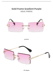 Frameless gold sunglasses with purple gradient lenses shown in front and 45-degree views