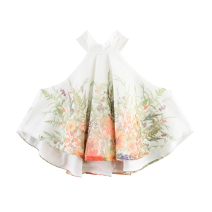 Haut licou floral en organza blanc avec imprimés botaniques et coupe trapèze évasée