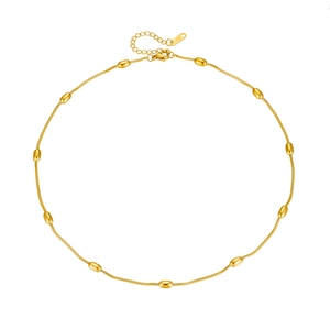 Golden stainless steel rice bead snake chain necklace with adjustable lobster clasp