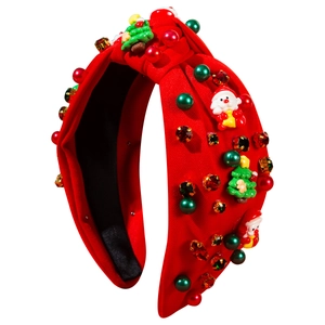 Cerchietto natalizio rosso a nodo con Babbo Natale, perle e strass colorati