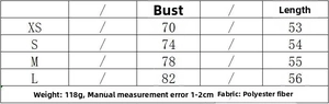 Size chart for lace satin top with measurements for bust and length in XS to L sizes