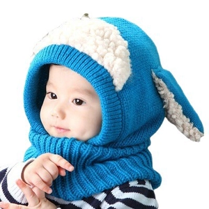 Infant winter knit puppy-style hooded cape scarf in blue with white fleece trim