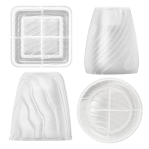 Translucent striped silicone candle holder molds in four geometric shapes and patterns