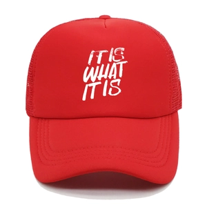 Detail of red trucker hat with It Is What It Is print and breathable mesh panel