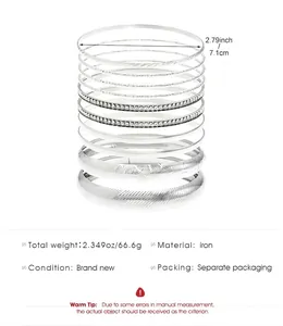 Detail showing dimensions of silver alloy bangle set including diameter and iron material info