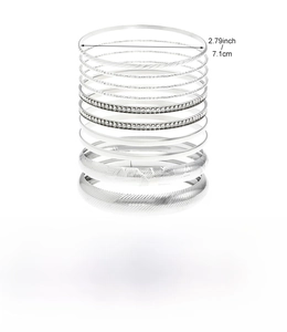 Detail showing dimensions of silver alloy bangle set including diameter and iron material info