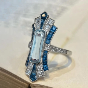 Art Deco Rectangular Blue Cubic Zirconia Ring Vintage Hollow Geometric Copper Jewelry For Women