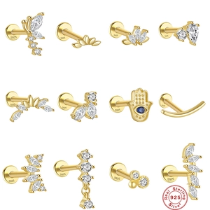 925 Sterling Silver Ear Cartilage Stud Zirconia Inlaid Hamsa Hand Butterfly Internal Threaded Flat Back Piercing Jewelry
