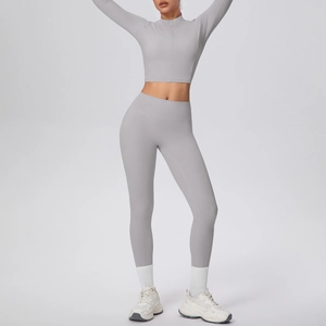 Détails de l'ensemble de yoga taille haute avec passe-pouces et zip frontal gris clair