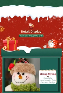 Detail of plush Christmas snowman with green scarf and red berry hat decoration