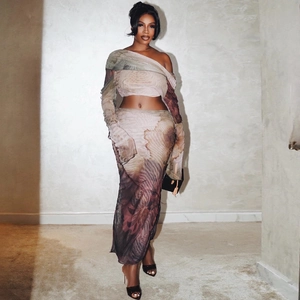 Women Abstract Print Mesh Lined One Shoulder Long Sleeve Crop Top And Side Drawstring Hollow Out Maxi Skirt Streetwear