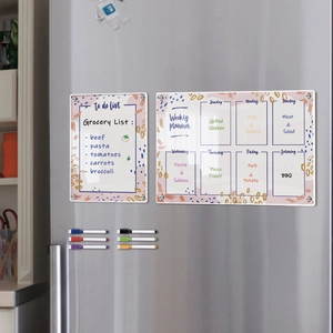 Magnetic acrylic weekly planner and to-do list with six colorful markers on a fridge