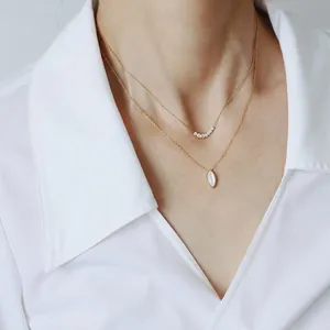 French vintage double layer necklace with 18K gold plated chain and white shell pendant