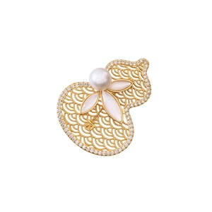 Exquisite 18K gold plated pearl gourd brooch with hollow metal design and white leaves