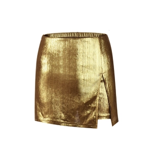 Detail of metallic gold mini skirt featuring a side slit design and pleated texture