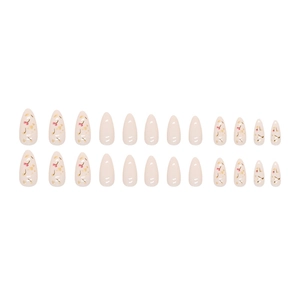 Pink almond press-on nails with red cherry patterns and gold foil flakes 24-piece set