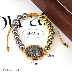 Religiöses Benedikt-Medaillon-Armband mit Gold- und Silberperlen an verstellbarer Kordel