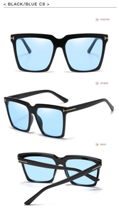 Dettaglio di occhiali da sole squadrati oversize con montatura nera e lenti blu