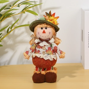 Detail of harvest scarecrow doll with telescopic legs and autumn fabric textures