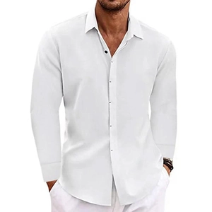 Men's loose white linen long sleeve shirt featuring a casual comfortable fit