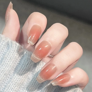 French Style Press On Nails Gradient Pink Cat Eye Effect Silver Glitter Shimmer Elegant Coffin Shape False Nails For Women