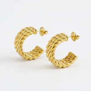 Twisted Hoop Earrings Stainless Steel 18K Gold Plated C-Shaped Chunky Retro Fashion Jewelry For Women