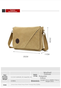 Detailed size chart for khaki canvas messenger bag showing 35x11x25cm dimensions