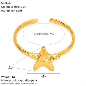 Detailed view of gold plated starfish ring with size specifications and 18K gold finish