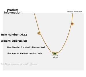Detail of 18K gold-plated titanium necklace with green zircon and 40+5cm adjustable chain