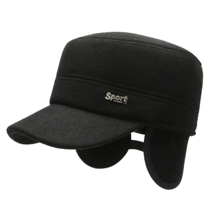 Men's winter wool flat top cap in black with fold-out ear flaps and metal side detail