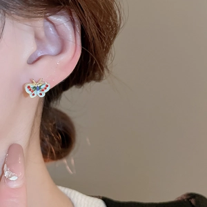 Vue macro de boucles d'oreilles papillon dorées avec émail bleu et zircons rouges