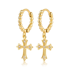 S925 sterling silver gold plated hoop earrings with cross pendants and zircon stones