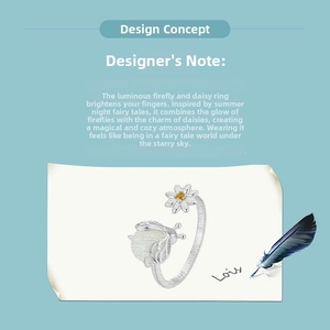 Detail view of S925 sterling silver ring with daisy and luminous firefly design