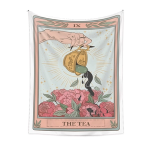 Detail of tarot style tapestry featuring IX The Tea print for bohemian home wall decor