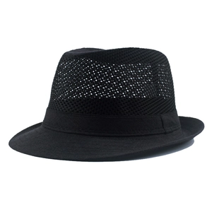 Detail of black mesh breathable jazz fedora hat with sun protection and classic band