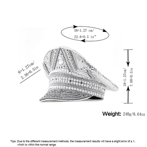 Sparkly white captain hat detail with silver sequins, rhinestones and size measurements