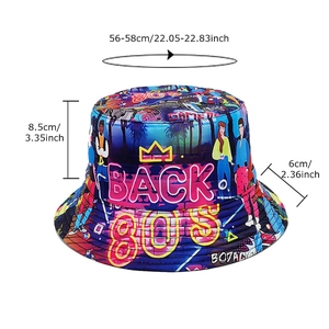 Retro 80s bucket hat for men and women featuring pop art graffiti and size dimensions