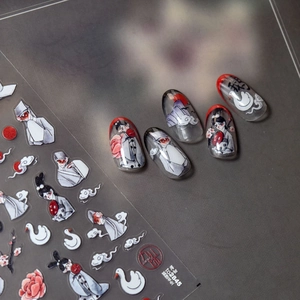 Japanese style thin nail decals with traditional fox scholar and swan motifs