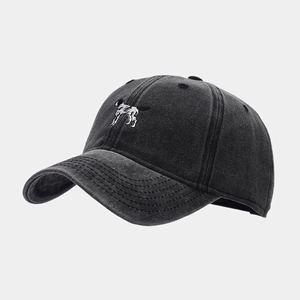 Vintage dark gray washed cotton baseball cap featuring a white dog embroidery on the front
