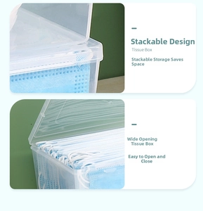 Macro detail of stackable clear storage box showing wide lid for mask and tissue storage