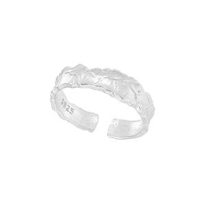 Irregular textured S925 sterling silver open ring with a minimalist crumpled metal design