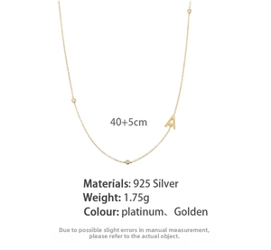 Detail of S925 sterling silver chain with a letter A pendant and sparkling zircon accents