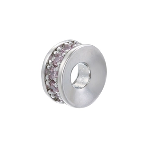 Macro detail of silver plated rondelle bead with double-row pink zircon crystals