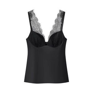 Débardeur chic en satin noir pour femme avec empiècements en dentelle et col V