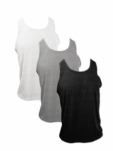 Three-pack of men's gym tank tops in white, grey, and black with wide shoulder straps