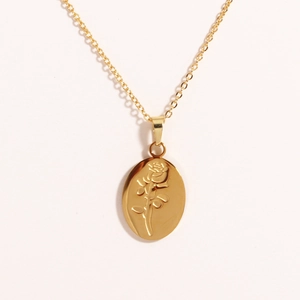 Vintage gold oval titanium steel pendant necklace with embossed rose flower design